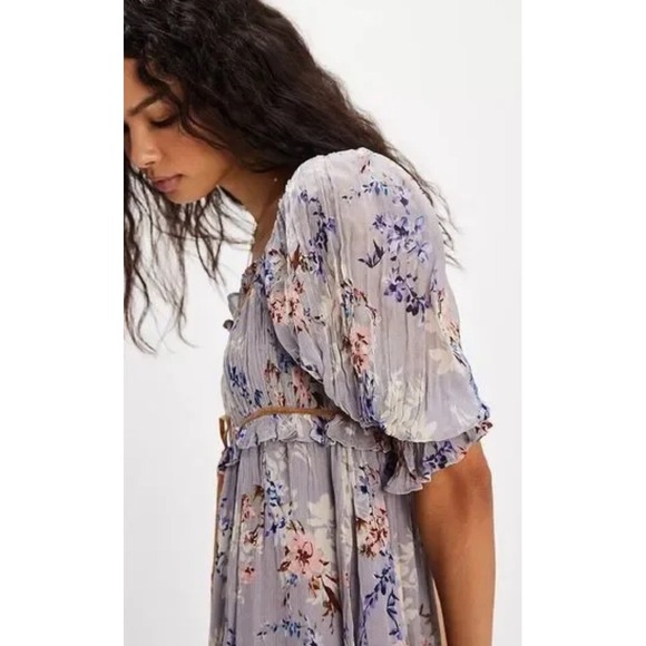 Free People‎ Marney Mini Dress XS Gray Floral Velvet Trim Boho Romant - Picture 7 of 12